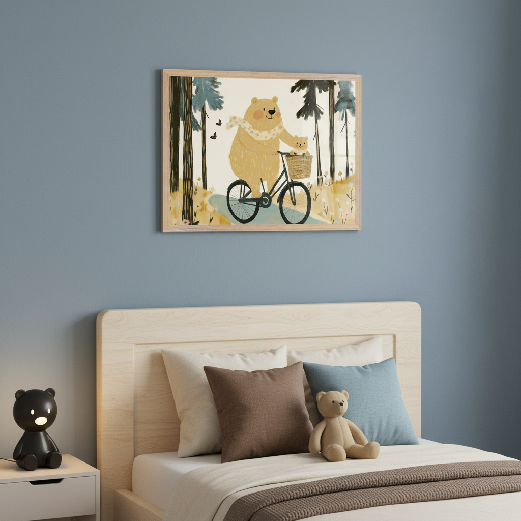 Kid's bedroom with a light wood bed and headboard, white bedding, brown and blue pillows. A black bear lamp is on a white nightstand. Above the bed hangs a framed illustration of a large cartoon bear riding a bicycle with a small bear in the basket, set in a forest.