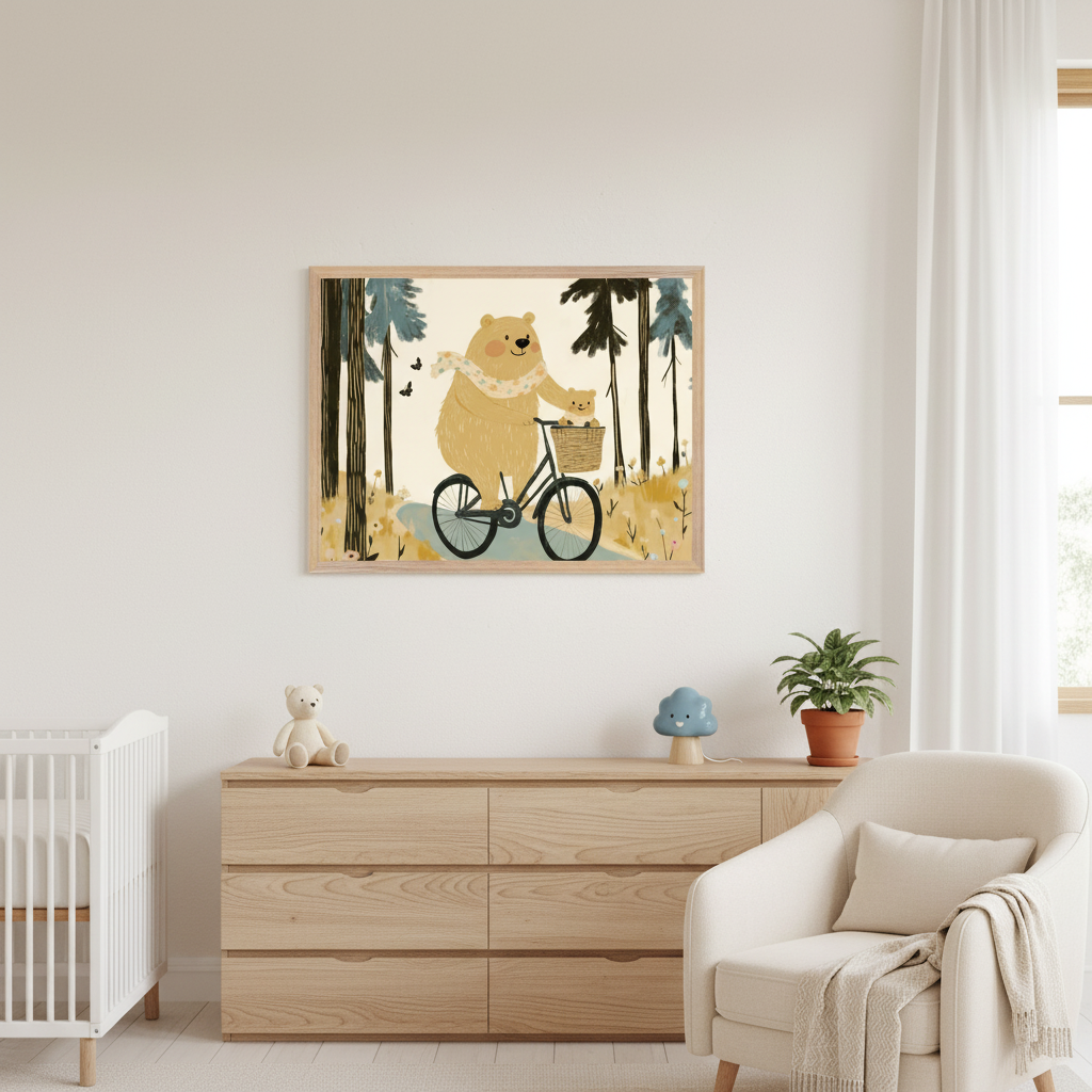 Modern nursery with a white crib, light wood dresser, and cream armchair. A framed illustration of a large bear riding a bicycle with a small bear in a basket in a forest setting hangs above the dresser.