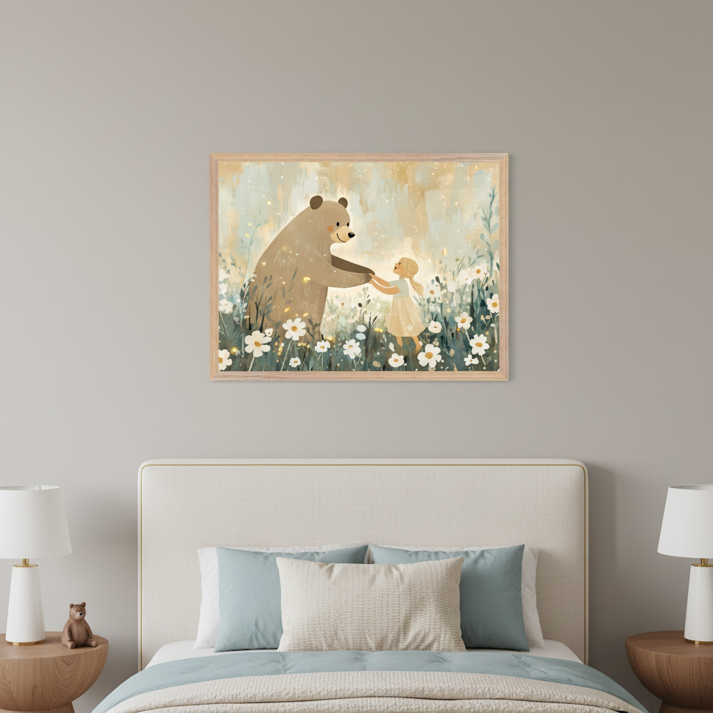 Kid's bedroom with a cream padded bed, two wooden nightstands, and lamps. A rectangular framed painting of a brown bear and a girl holding hands in a field of white daisies hangs centered above the bed. The art has a soft, illustrative style.