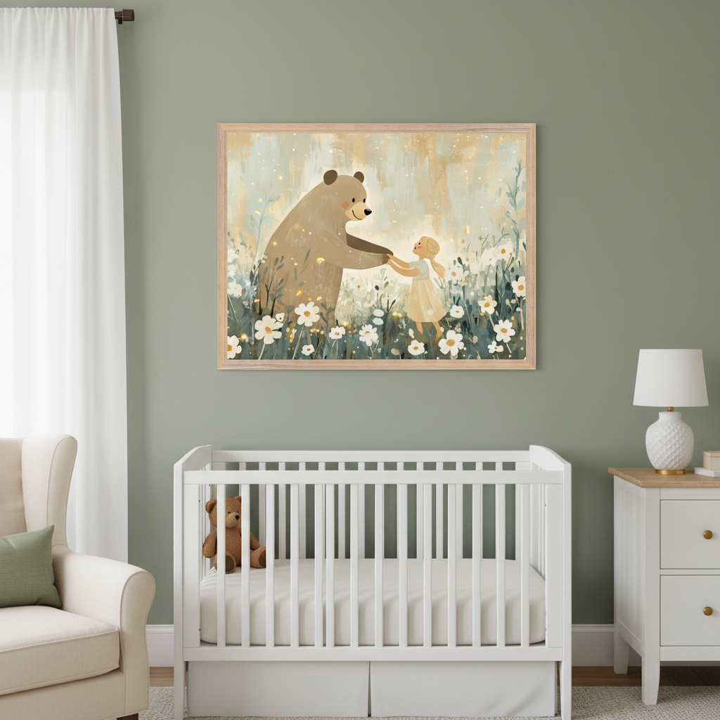 Nursery with sage green walls. A white crib is centered below a large framed illustration of a brown bear and a small girl dancing among white flowers. A beige armchair is to the left, and a white dresser with a lamp is to the right.