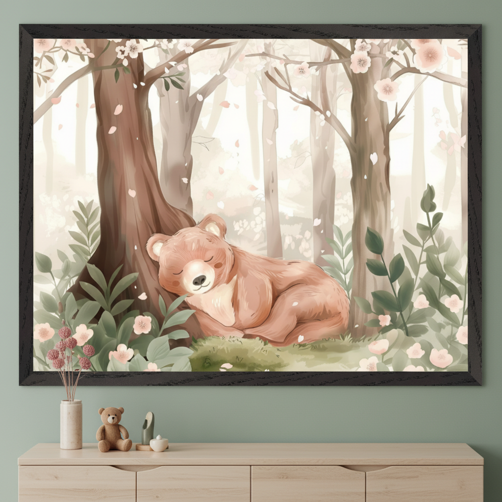 Nursery with a pale green wall and a light wood dresser. A large black-framed illustration of a sleeping brown bear in a cherry blossom forest hangs centered above the dresser. A small teddy bear and vase are on the dresser.