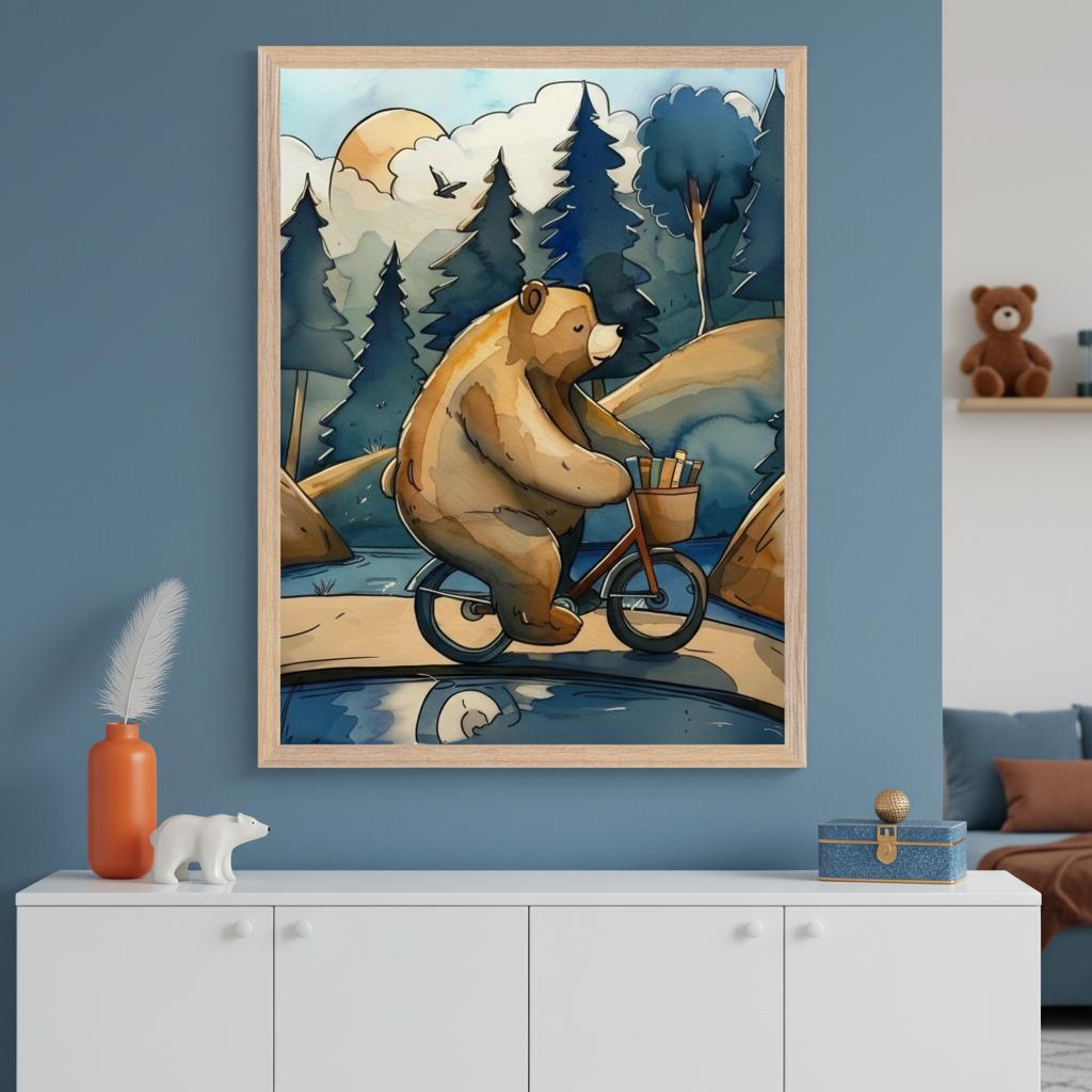 Modern living room with a blue wall. A large framed watercolor painting of a brown bear cycling with books through a forest hangs above a white cabinet. An orange vase, polar bear figurine, and blue box adorn the cabinet. A teddy bear sits on a shelf above a blue sofa on the right.