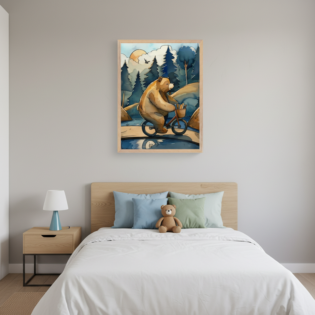 Modern kid's bedroom with a single bed and wooden headboard. Above the bed, a framed watercolor painting depicts a brown bear riding a bicycle through a forest with trees and a sun. A teddy bear sits on the bed. A nightstand with a light blue lamp is to the left.