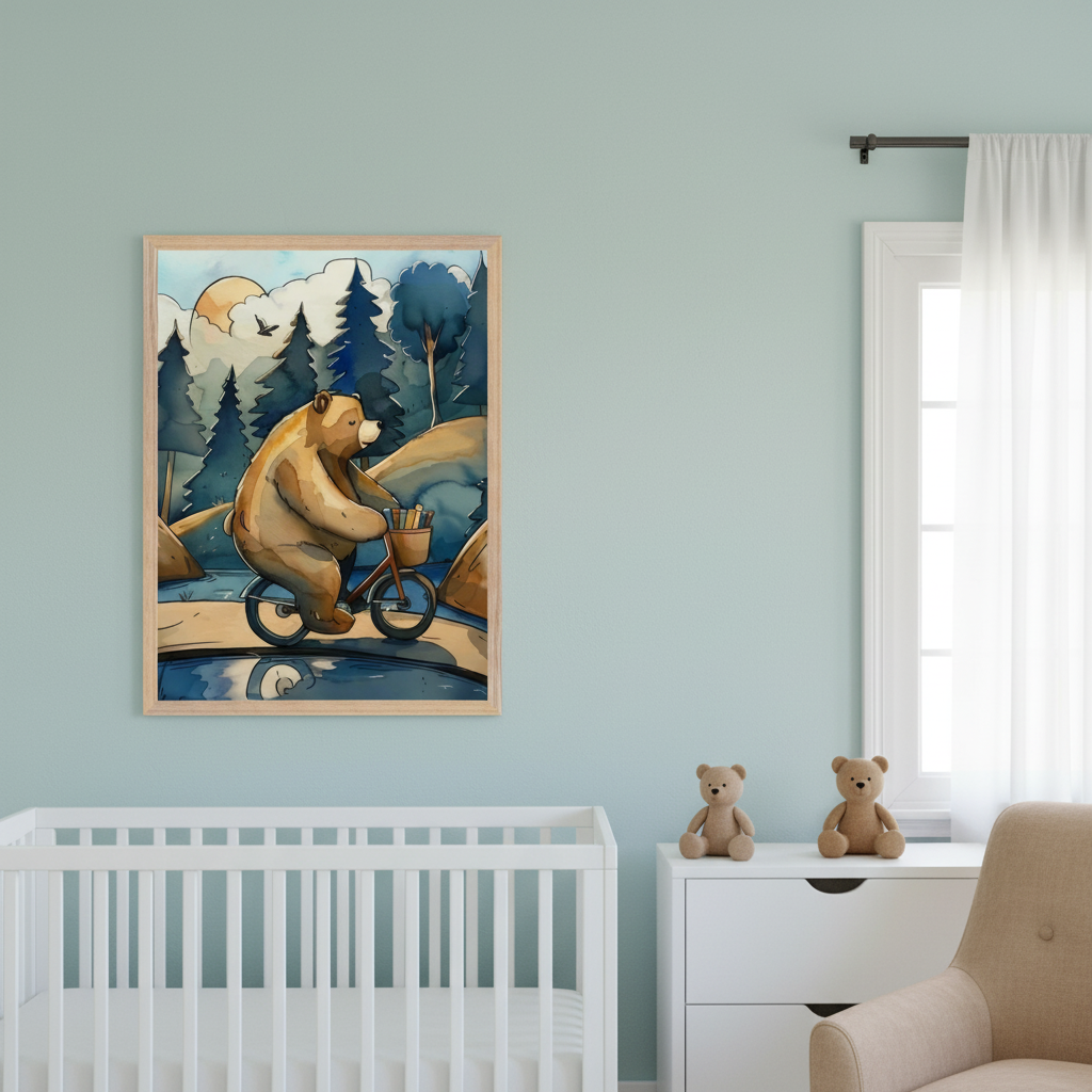 Light blue-green nursery with a white crib and white dresser topped with two teddy bears. A framed watercolor painting of a brown bear riding a bicycle through a forest hangs above the crib. A beige armchair is partly visible on the right.