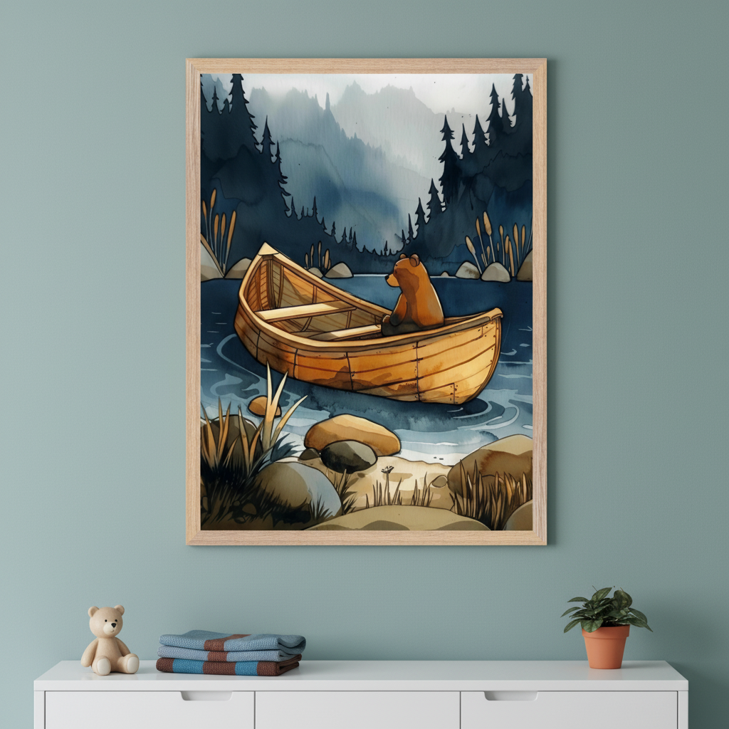 Framed illustration of a bear sitting calmly in a wooden rowboat on a serene lake, surrounded by reeds, rocks, and dense pine forest with misty mountains in the background. The artwork hangs above a white cabinet topped with a teddy bear, folded blankets, and a small potted plant, creating a cozy woodland-themed scene.