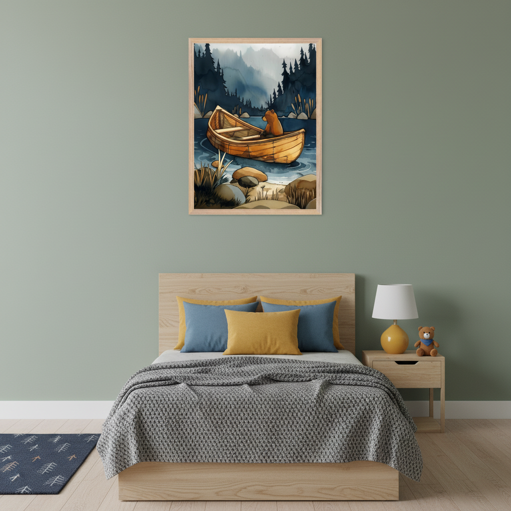Kid's modern bedroom with a wooden bed, nightstand, and teddy bear. A framed watercolor of a bear in a boat on a lake with a forest hangs above the bed, slightly right. Sage green walls.