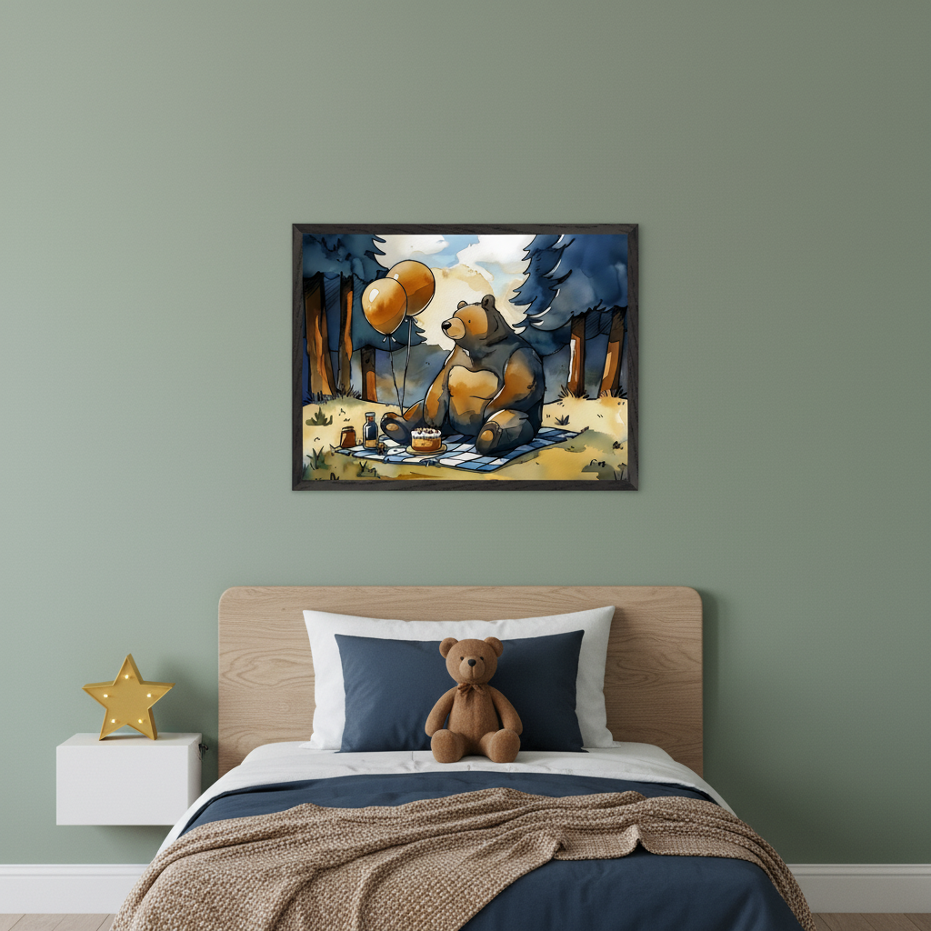 Kid's bedroom with a wooden headboard bed and white floating nightstand. A framed watercolor print of a brown bear picnicking in a forest with a cake and balloons hangs centered above the bed. A brown teddy bear rests on the navy blue bed.