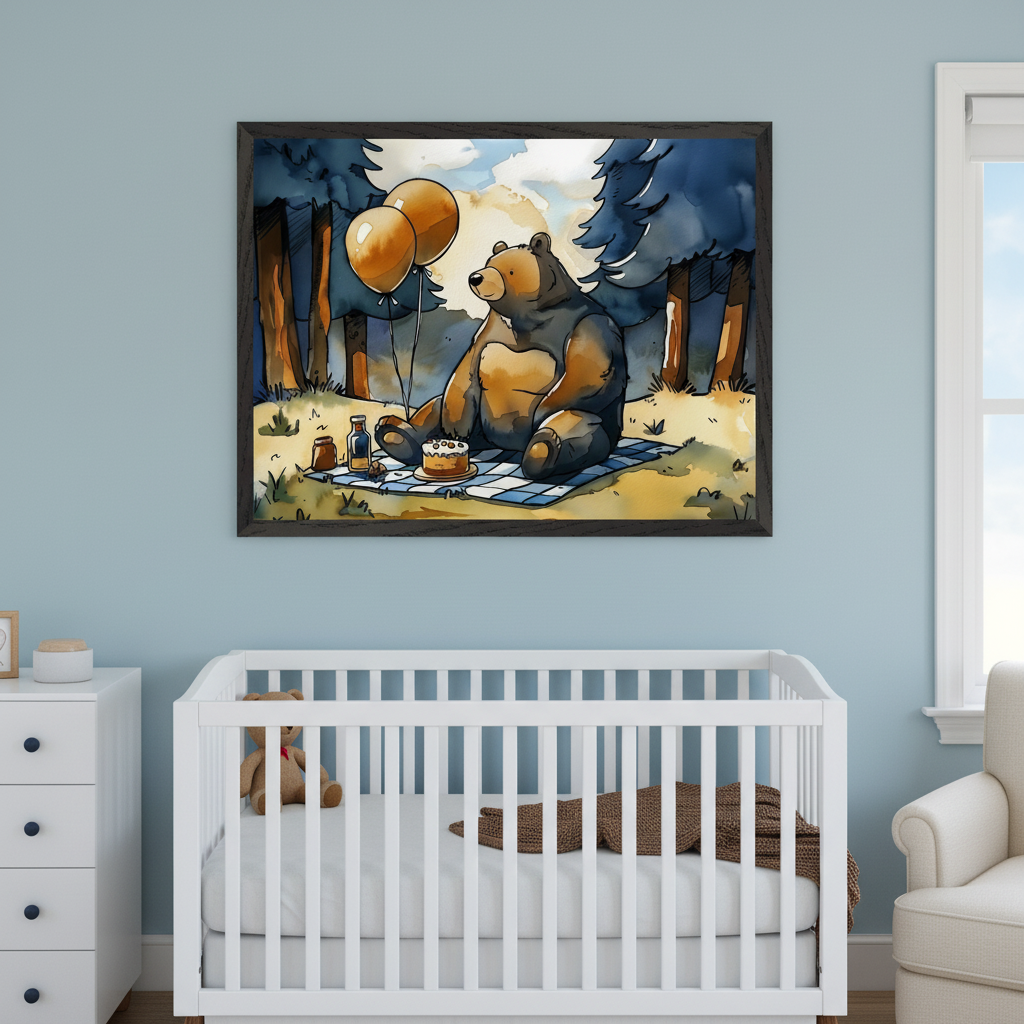 Modern nursery with a white crib, dresser, and armchair. A large framed watercolor painting of a bear having a picnic with balloons and cake hangs above the crib on a light blue wall.