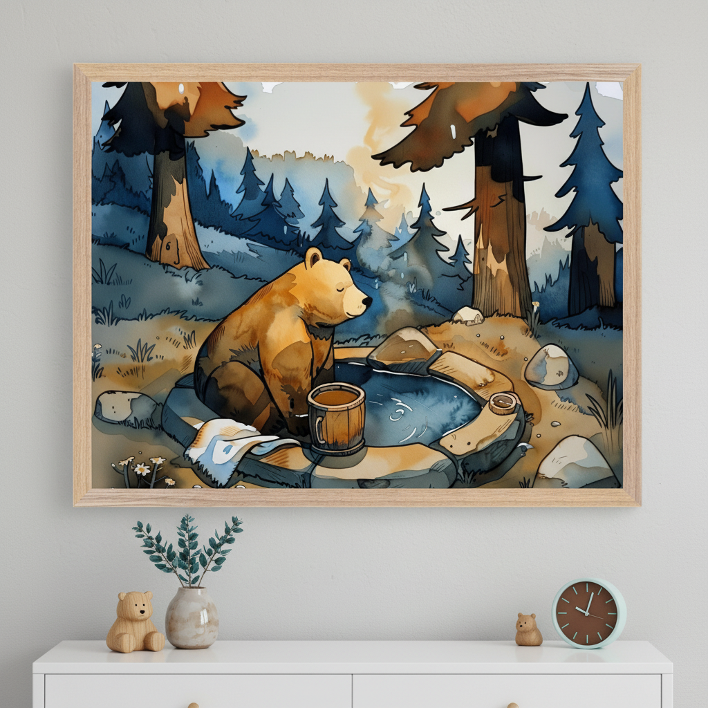 Modern room with a white dresser. A framed watercolor painting of a brown bear by a rock-lined pond with a wooden mug in a forest hangs centered above the dresser. Decorative plant and bear figurines are on the dresser.