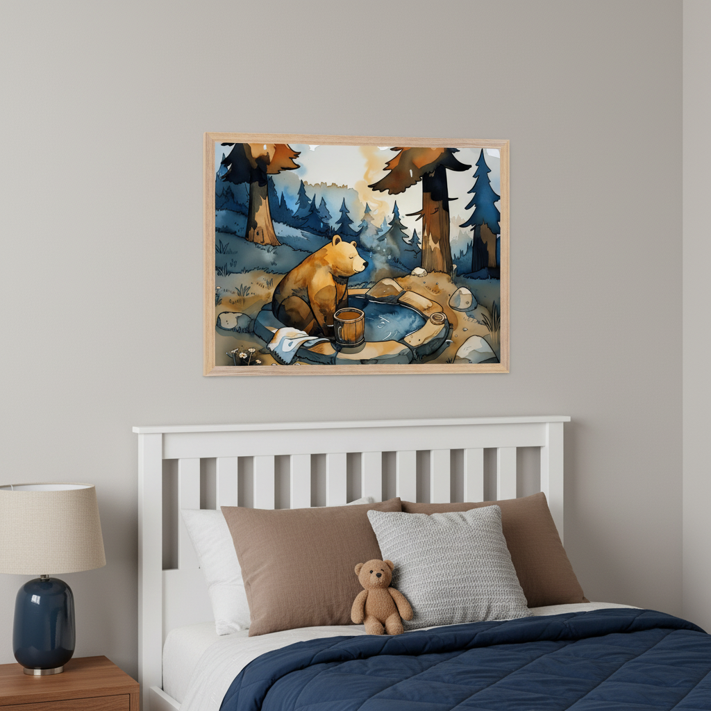 Kid's bedroom with a white wooden bed frame. A framed watercolor art print of a brown bear by a hot spring in a forest hangs centered above the bed's headboard. The bed has a blue quilted comforter, brown and gray pillows, and a small teddy bear.