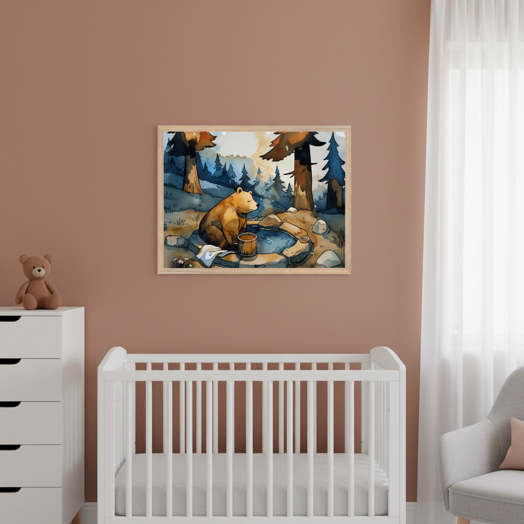 Modern nursery with a white crib, dresser, and a gray armchair. A framed watercolor print of a brown bear bathing in a hot spring in a forest hangs centered on the wall above the crib.