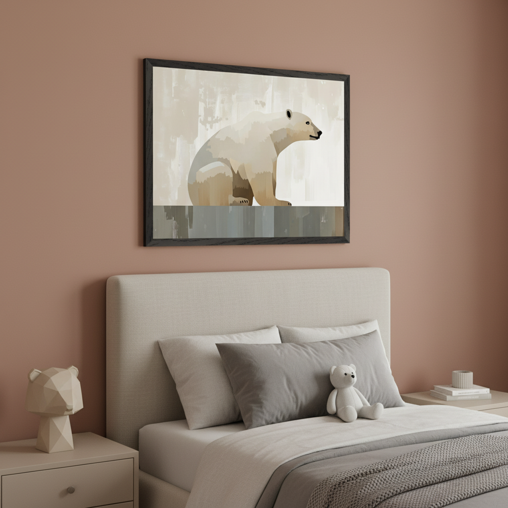 Modern bedroom with a beige bed and headboard. A large framed print of a sitting stylized polar bear facing right in muted tones hangs above the bed's headboard. The artwork features abstract background elements.