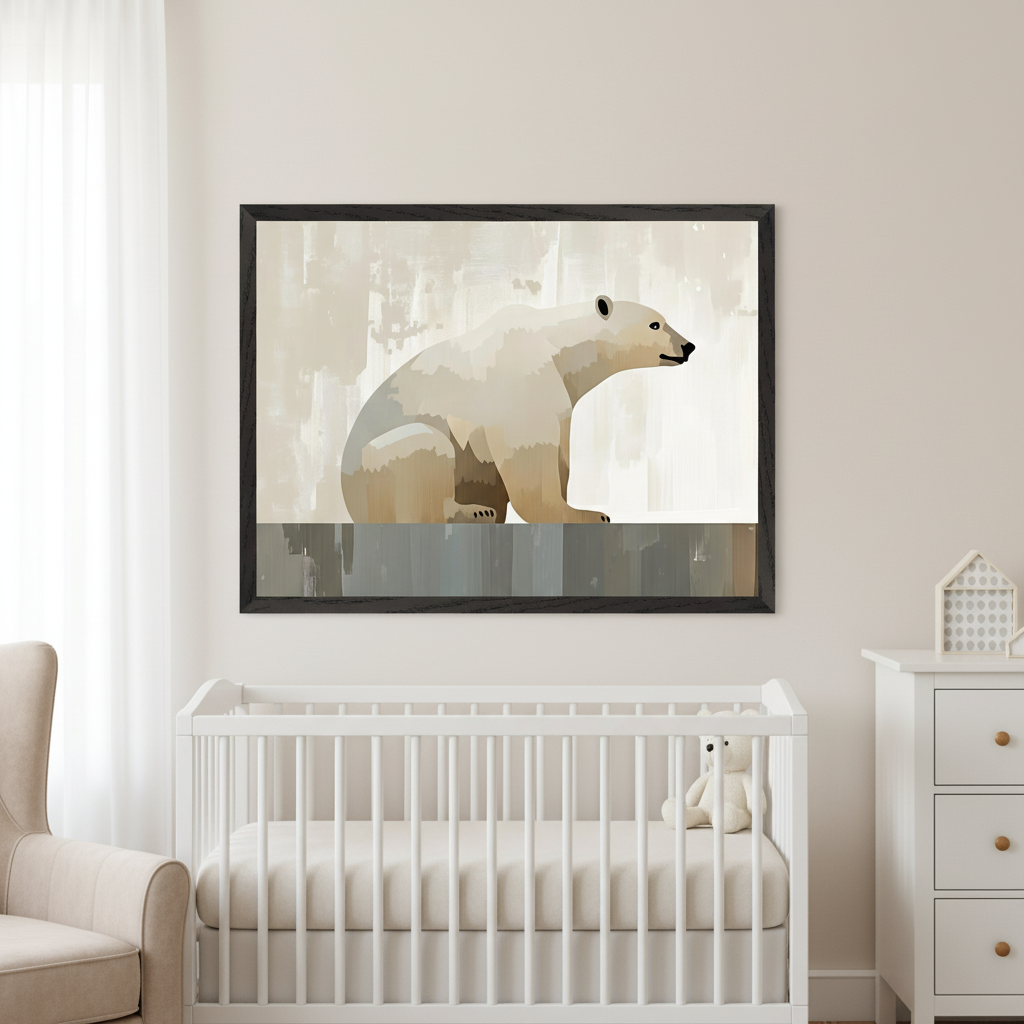 Modern nursery with a white crib and beige armchair. A large framed print of a stylized sitting polar bear in neutral tones hangs centrally above the crib. A white dresser is on the right.