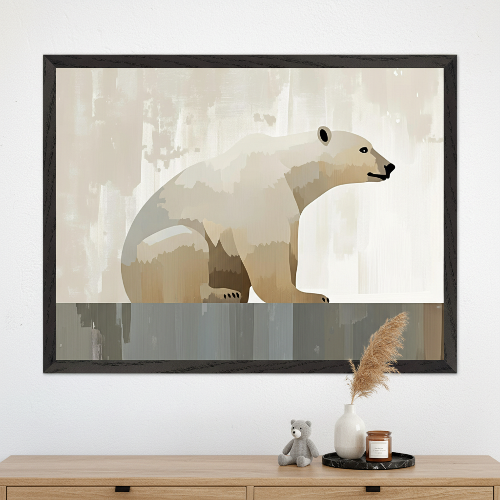 Framed illustration of a stylized polar bear in a side profile, rendered with soft geometric textures in neutral tones against a muted abstract background. Displayed above a wooden dresser with a plush bear, pampas grass in a vase, and a candle on a tray, the scene evokes a calm, wintry aesthetic.