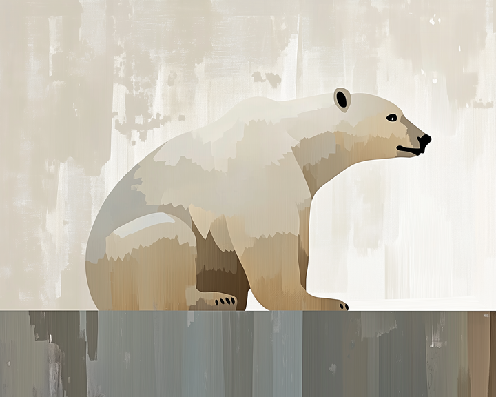 A stylized illustration of a polar bear sitting on a textured surface, with a background of soft, abstract brushstrokes in shades of beige and gray.