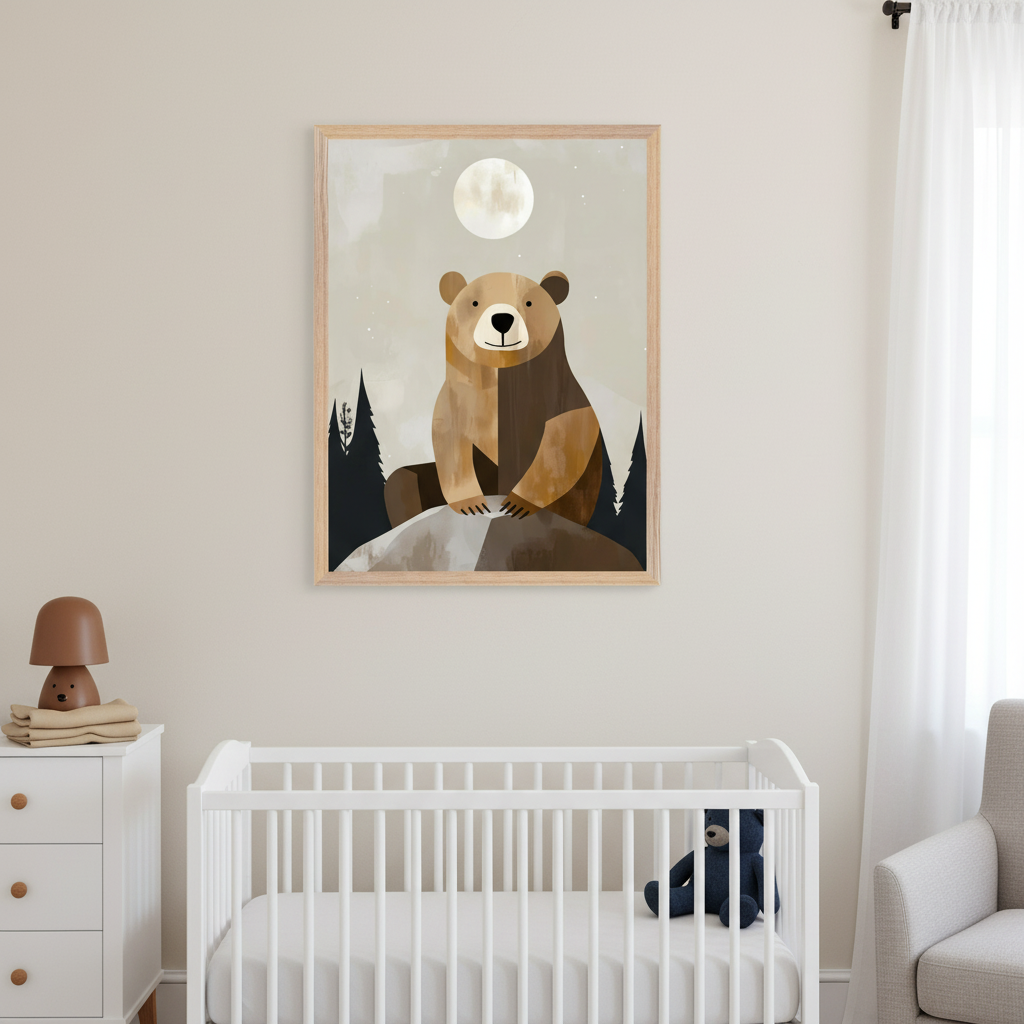 Modern nursery with a white crib, white dresser, and gray armchair. Above the crib, a light wood-framed print depicts a geometric brown bear sitting on a rock under a full moon, flanked by dark trees.