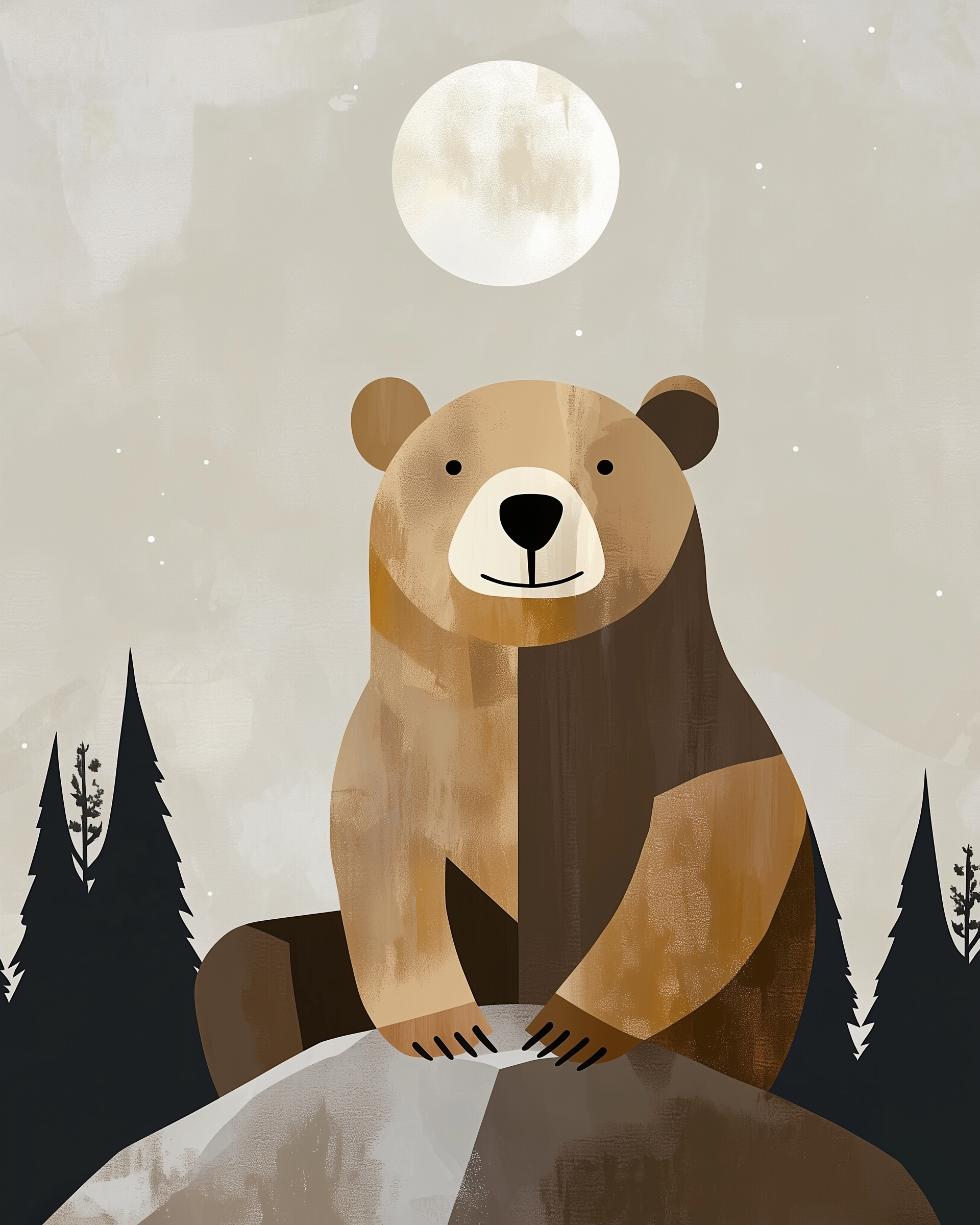 Wildling Wonders Bear Wall Art for Nursery, Playroom or Kids Bedrooms - Woodland Moonlit Forest Scene - Luna Paws