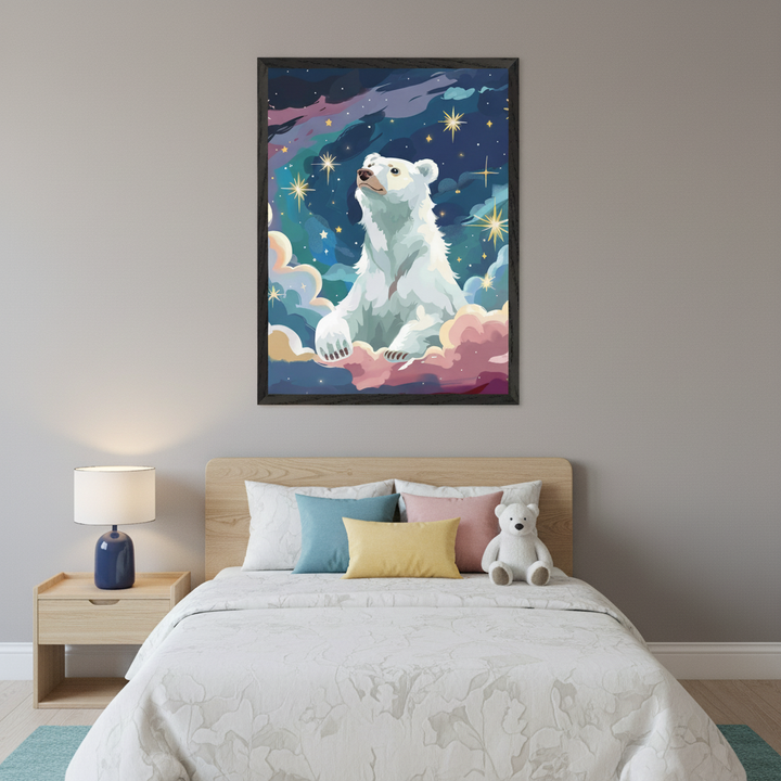 Kid's bedroom with a wooden bed, white bedding, colorful pillows, and a white teddy bear. A wooden nightstand with a blue lamp sits beside it. A large framed illustration of a white polar bear on clouds under a starry night sky hangs above the bed.