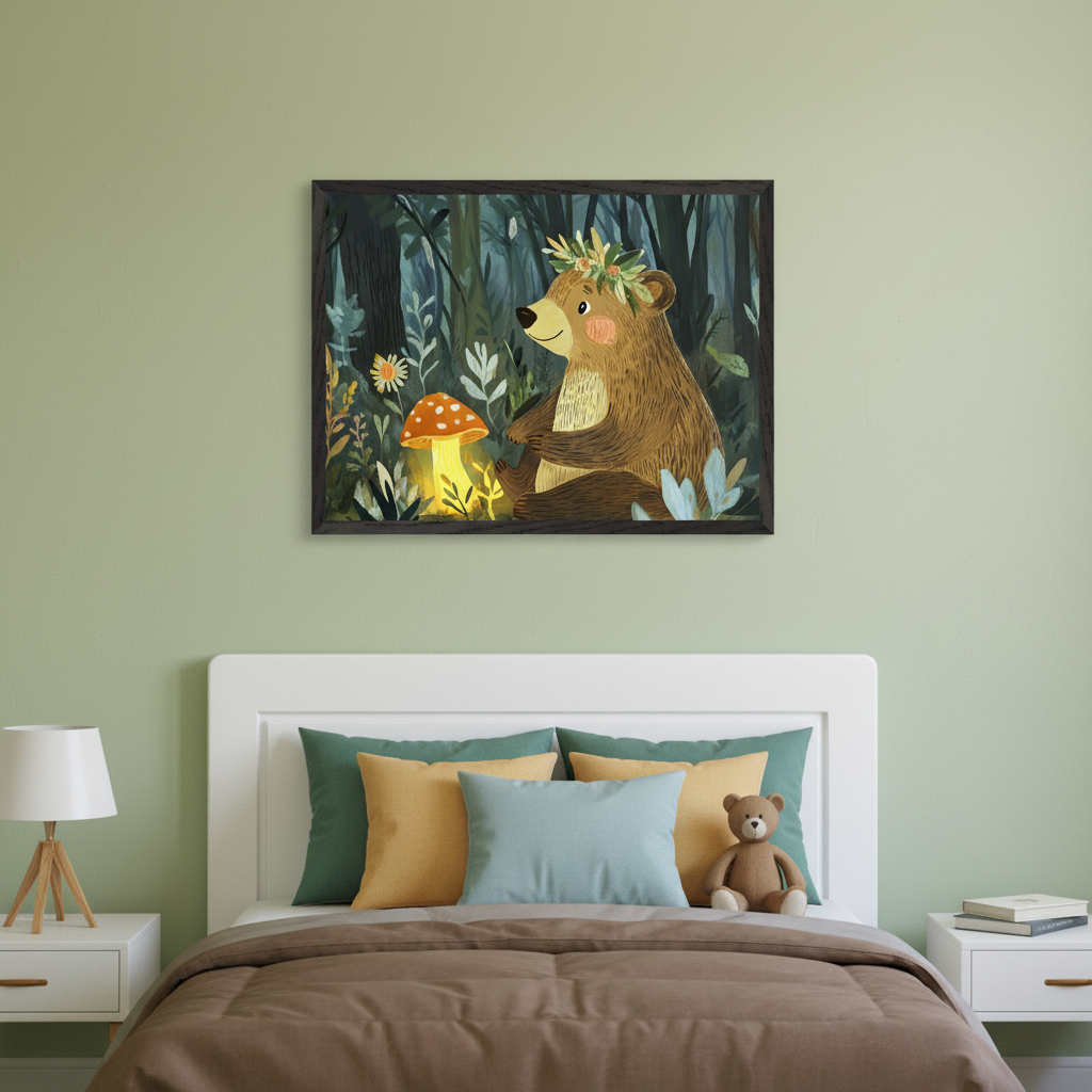 Kid's bedroom with a white bed and a brown duvet. A large framed painting of a brown bear with a flower crown sitting next to a glowing mushroom in a forest hangs centered above the bed. White nightstands are on either side.
