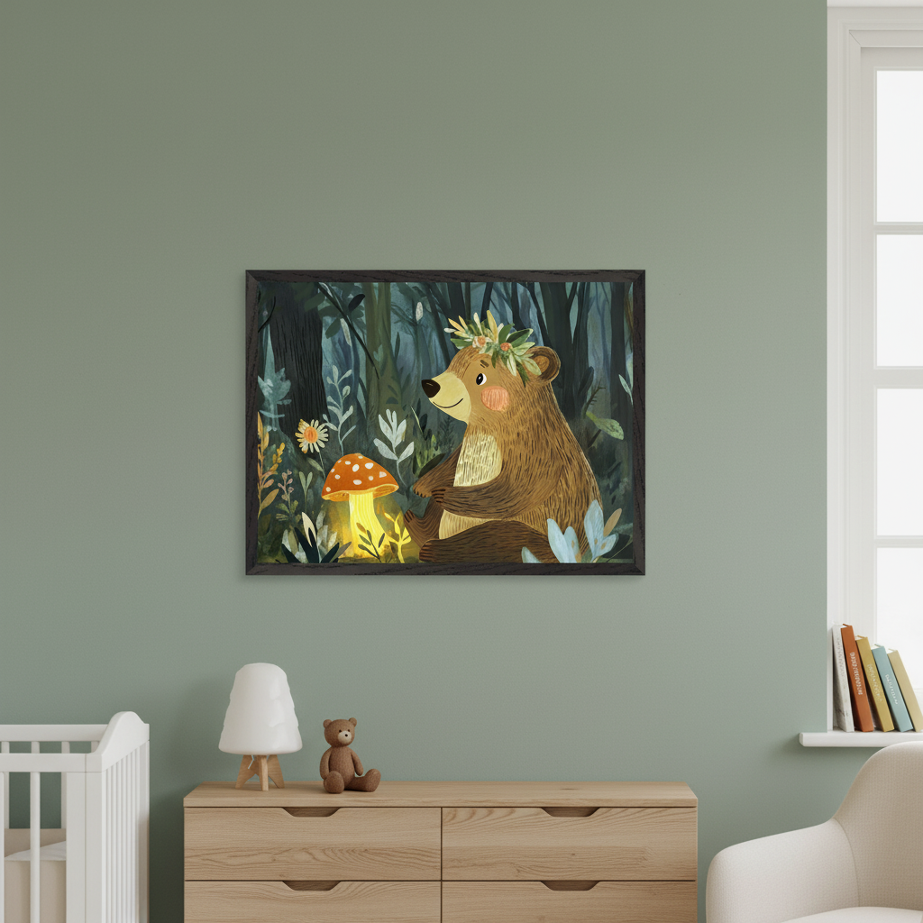 Modern nursery with a green wall. A white crib is on the left, and a light wood dresser with a lamp and teddy bear sits centrally. Above the dresser, a framed illustration shows a bear in a leaf crown beside a glowing mushroom in a dark forest. A white window and armchair are on the right, with books on the sill.