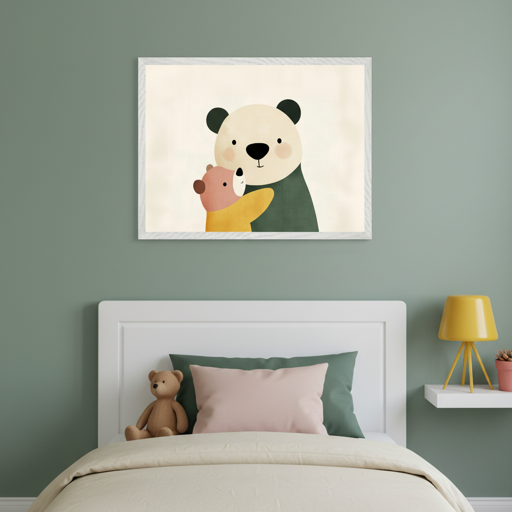 Kid's bedroom with a white bed against a green wall. A framed illustration of a large panda hugging a smaller bear cub hangs centered above the bed. A teddy bear is on the bed, and a yellow lamp sits on a side shelf.