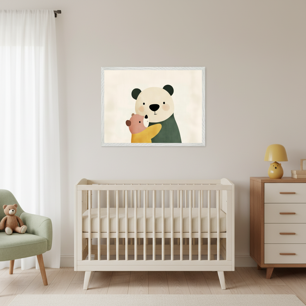Modern nursery with a white crib, a green armchair, and a wooden dresser. A large white-framed illustration of a panda hugging a bear cub hangs centered above the crib.