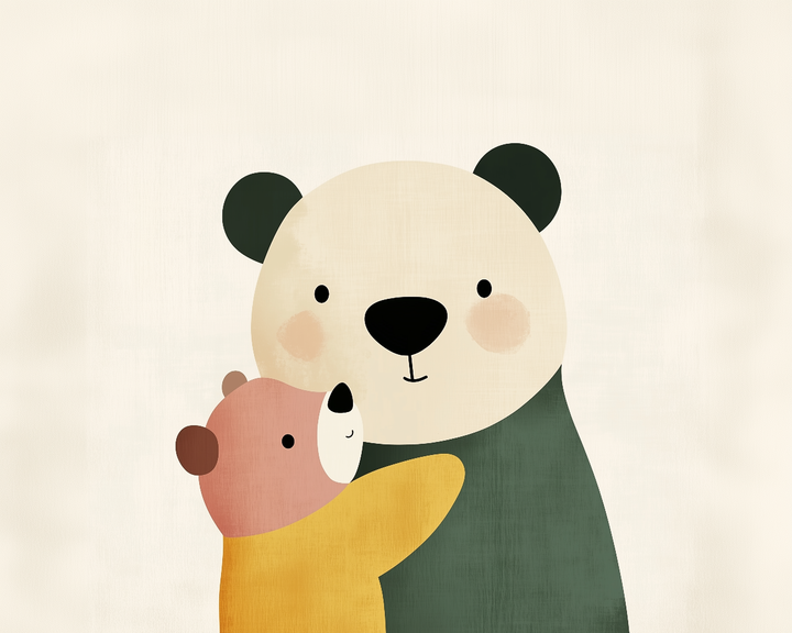 A cute illustration of a panda bear and a brown bear embracing. The panda has a light beige face with dark ears and a green body, while the smaller bear is brown with a yellow body. Both have simple, cheerful expressions against a soft beige background.