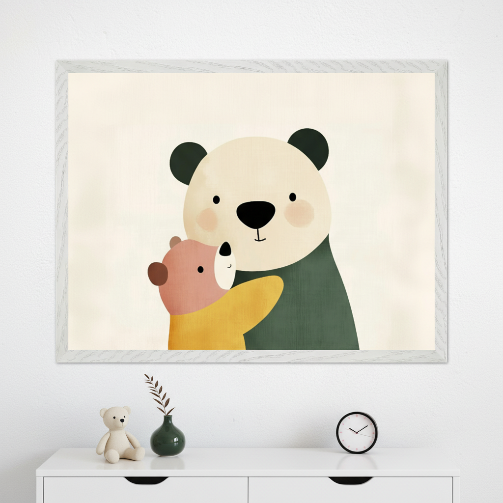 Framed wall art featuring a minimalist illustration of a panda hugging a smaller bear wearing a yellow shirt. The two bears are smiling gently, conveying warmth and affection against a soft cream background.