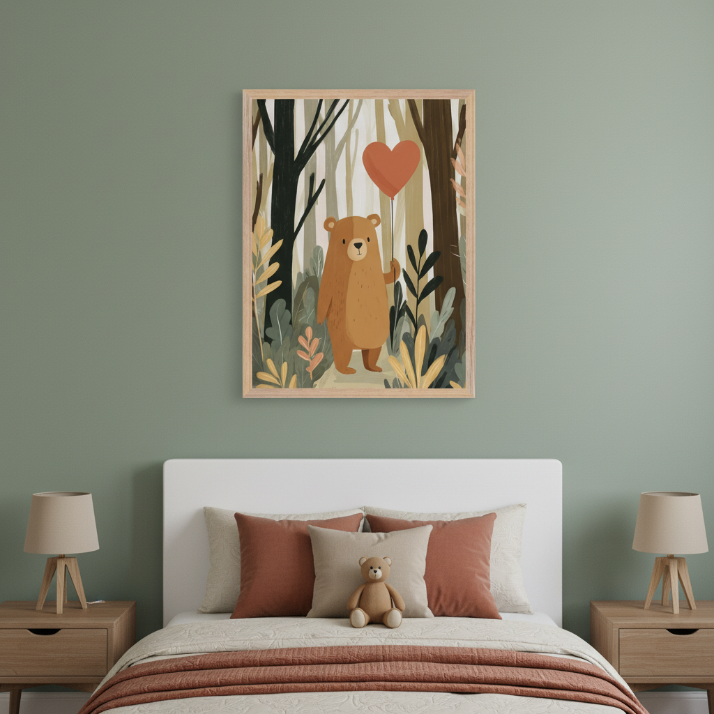 Kid's bedroom with a white headboard bed and two wooden nightstands. A framed illustration of a brown bear holding a red heart balloon in a forest hangs centered above the bed.