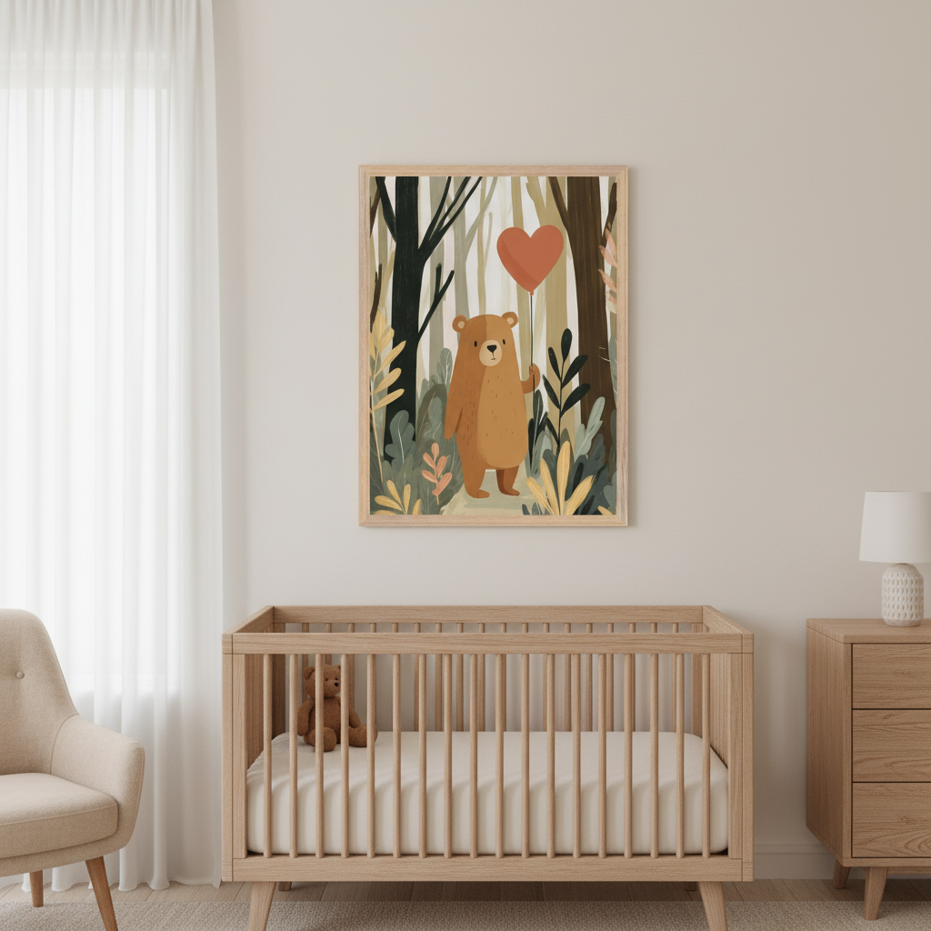 Modern nursery with a light wood crib, beige armchair, and dresser. A framed illustration of a brown bear holding a red heart balloon in a forest hangs centered above the crib.