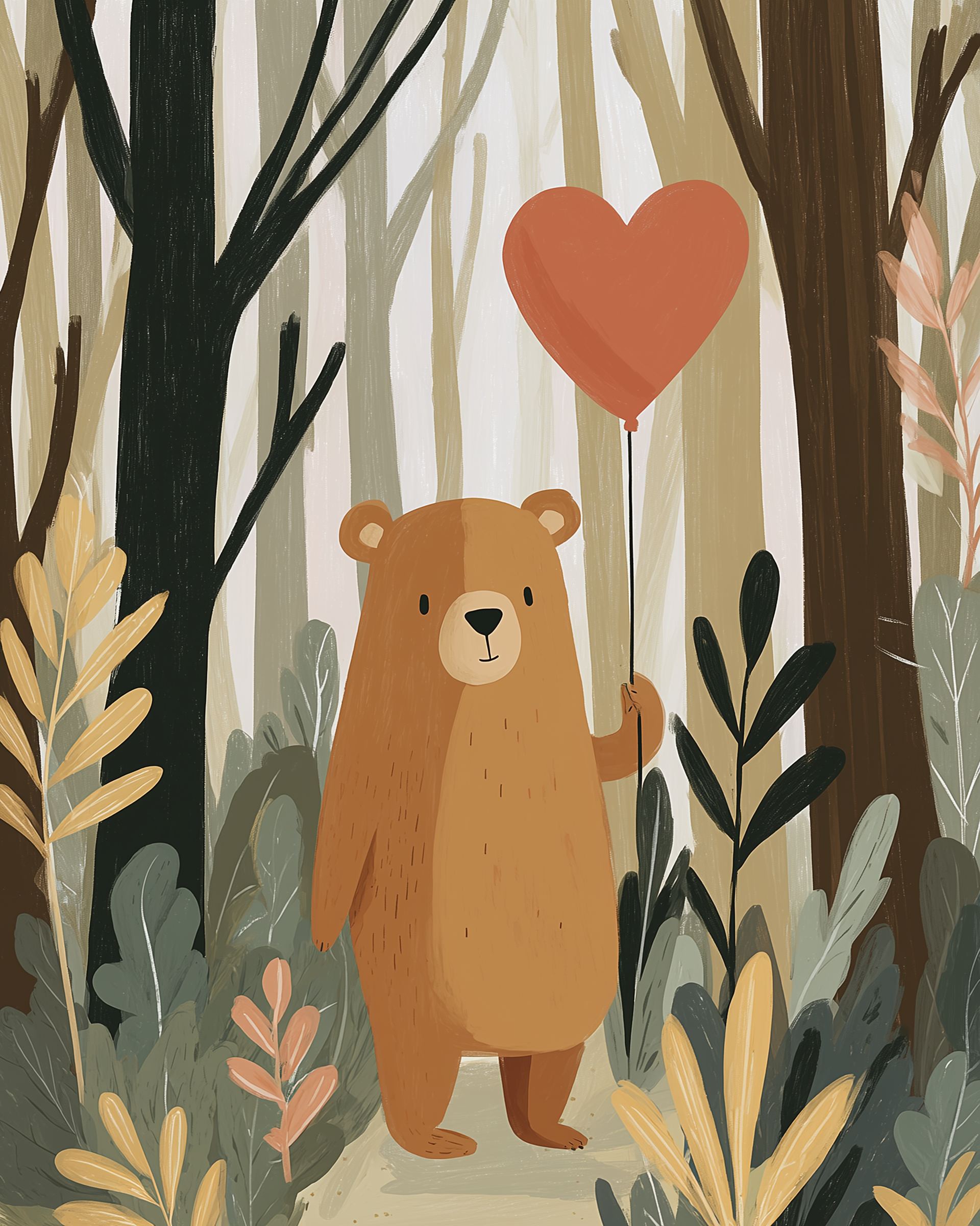Woodland Bear Wall Art for Nursery, Playroom or Kids Bedrooms - Forest Animal with Heart Balloon - Sweetpaws
