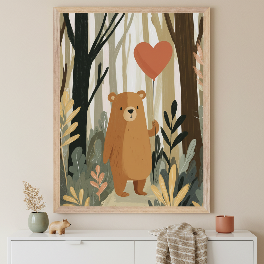Framed illustration of a brown bear holding a red heart-shaped balloon in a whimsical forest with tall trees and soft-colored foliage. The artwork hangs above a white dresser, styled with neutral-toned decor, including a small vase, a candle, and a striped cloth.