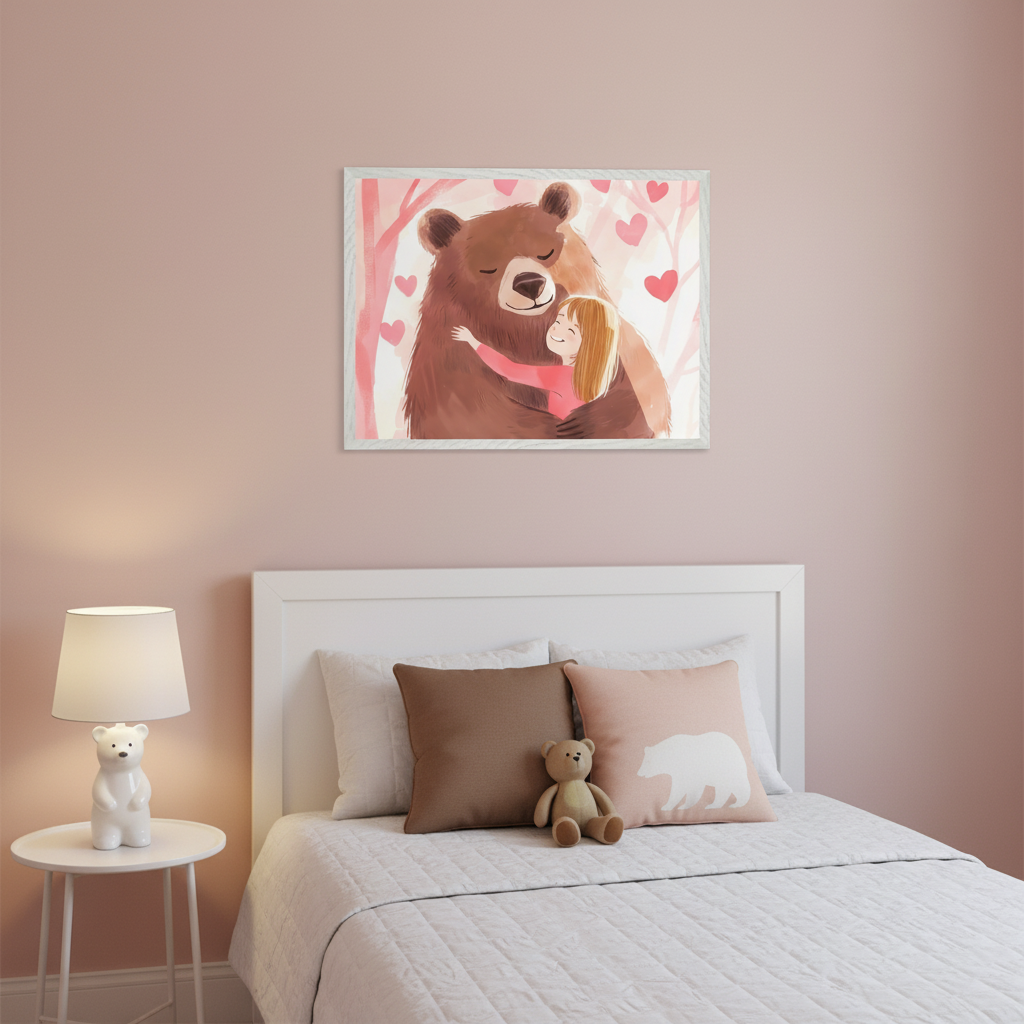 Kid's bedroom with a pink wall and white bed. A framed painted print of a brown bear hugging a smiling girl, with pink hearts and trees, hangs above the bed. A white bear lamp sits on a white nightstand.