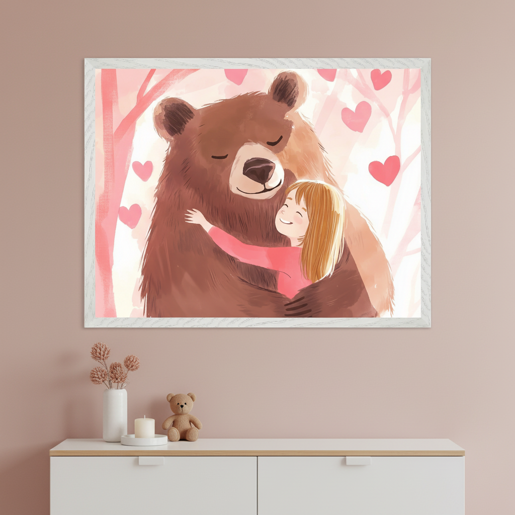 Modern room with a light pink wall. A large framed print of a brown bear hugging a smiling blonde girl, surrounded by pink hearts in a soft illustration style, hangs above a white dresser. A vase with dried flowers, a candle, and a teddy bear are on the dresser.