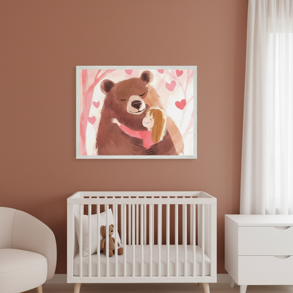 Modern nursery with warm brown walls. A white framed illustration of a brown bear hugging a smiling girl, with pink hearts and trees, hangs centered above a white crib. A cream armchair and a white dresser are also visible.