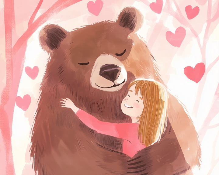 A smiling young girl with light brown hair embraces a large, content-looking brown bear surrounded by pink heart shapes in a dreamy, pastel-colored forest.