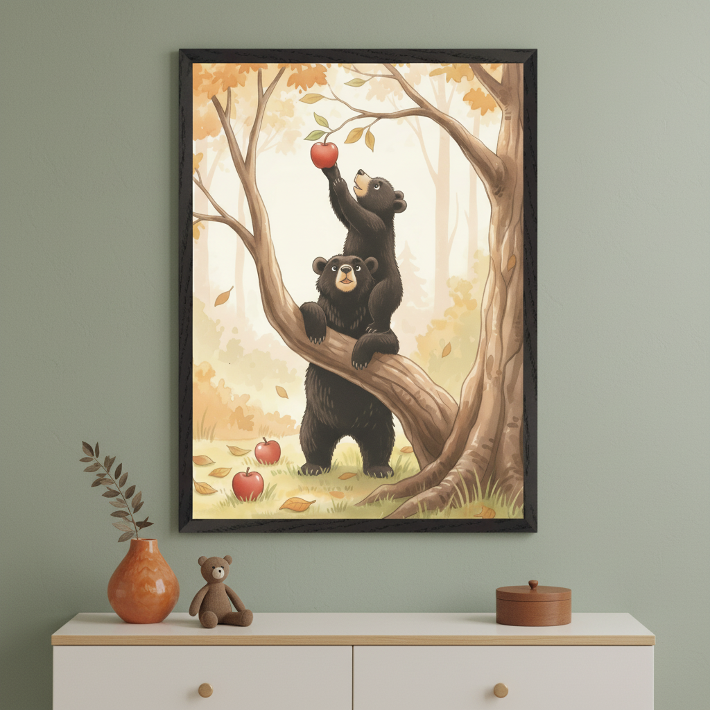 Modern room with a white and wood dresser. A framed illustration of two black bear cubs climbing an autumn tree, one reaching for a red apple, hangs centered above the dresser. A small teddy bear and orange vase are on the dresser.
