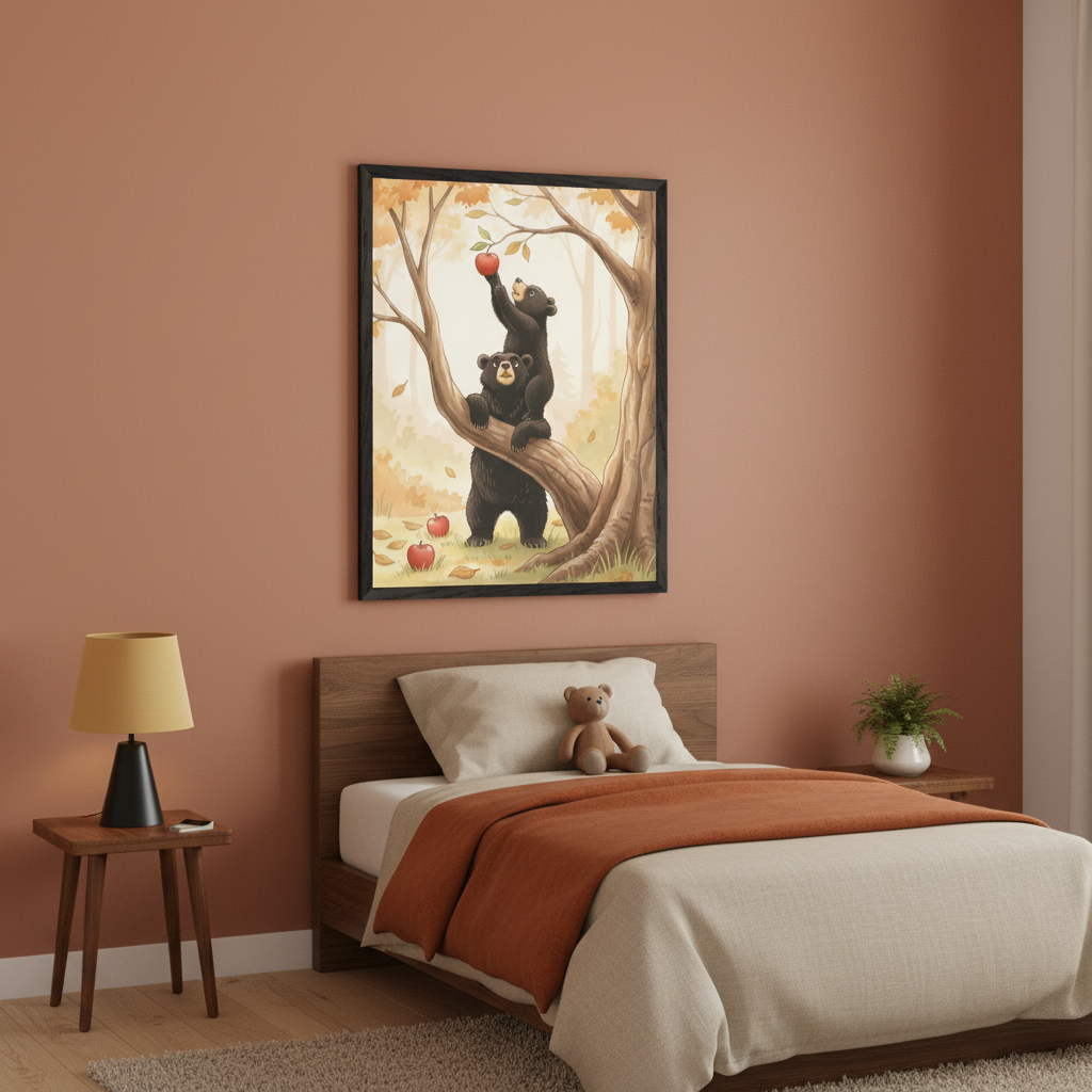 Modern kid's bedroom with a wooden bed and light bedding against a terracotta wall. A large framed watercolor-style print of two black bears in a tree reaching for an apple hangs centered above the bed. A bedside table with a lamp is to the left.