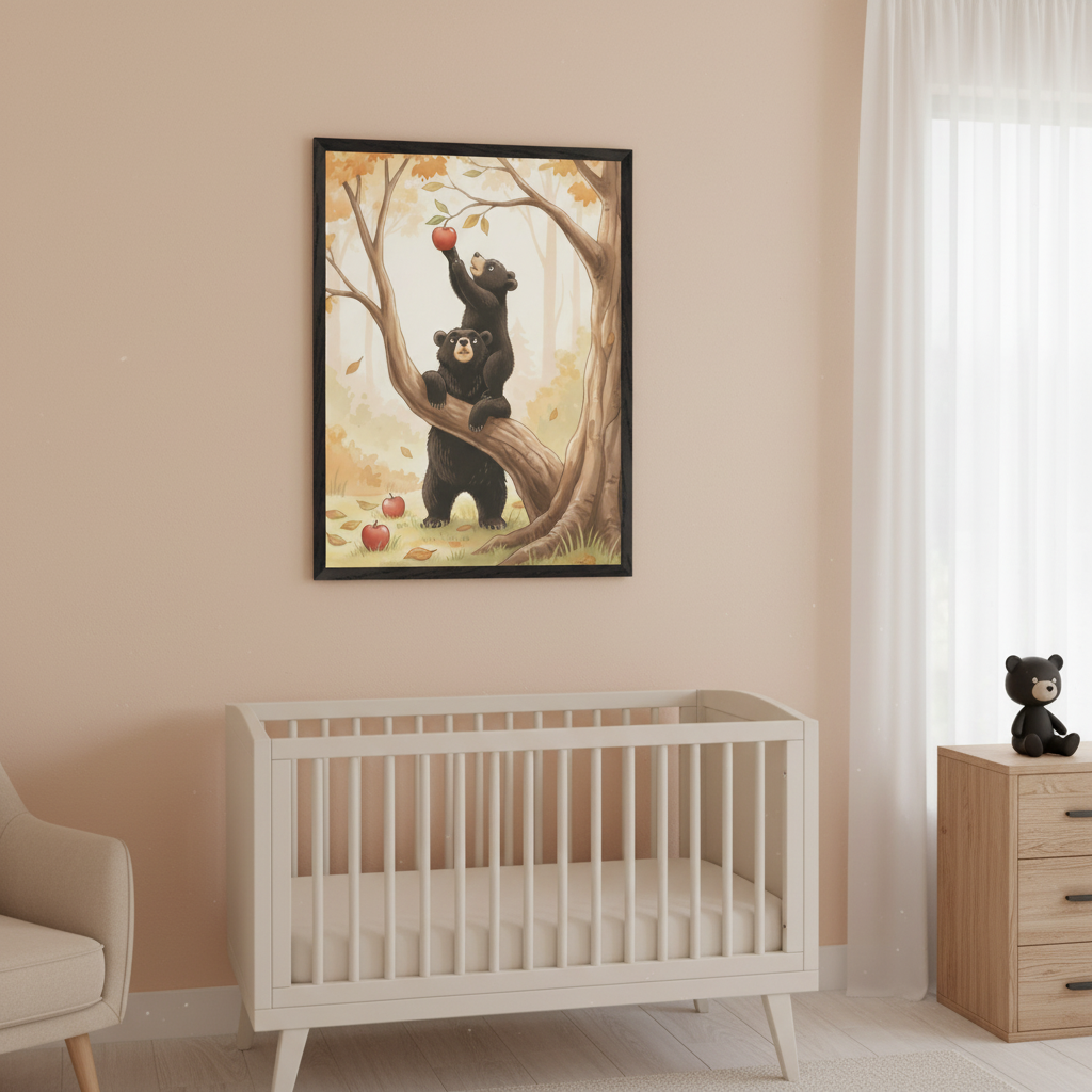 Modern nursery with a white crib and wood dresser. A framed print of two black bears in a tree, one reaching for an apple, hangs above the crib. It's an autumnal illustration.