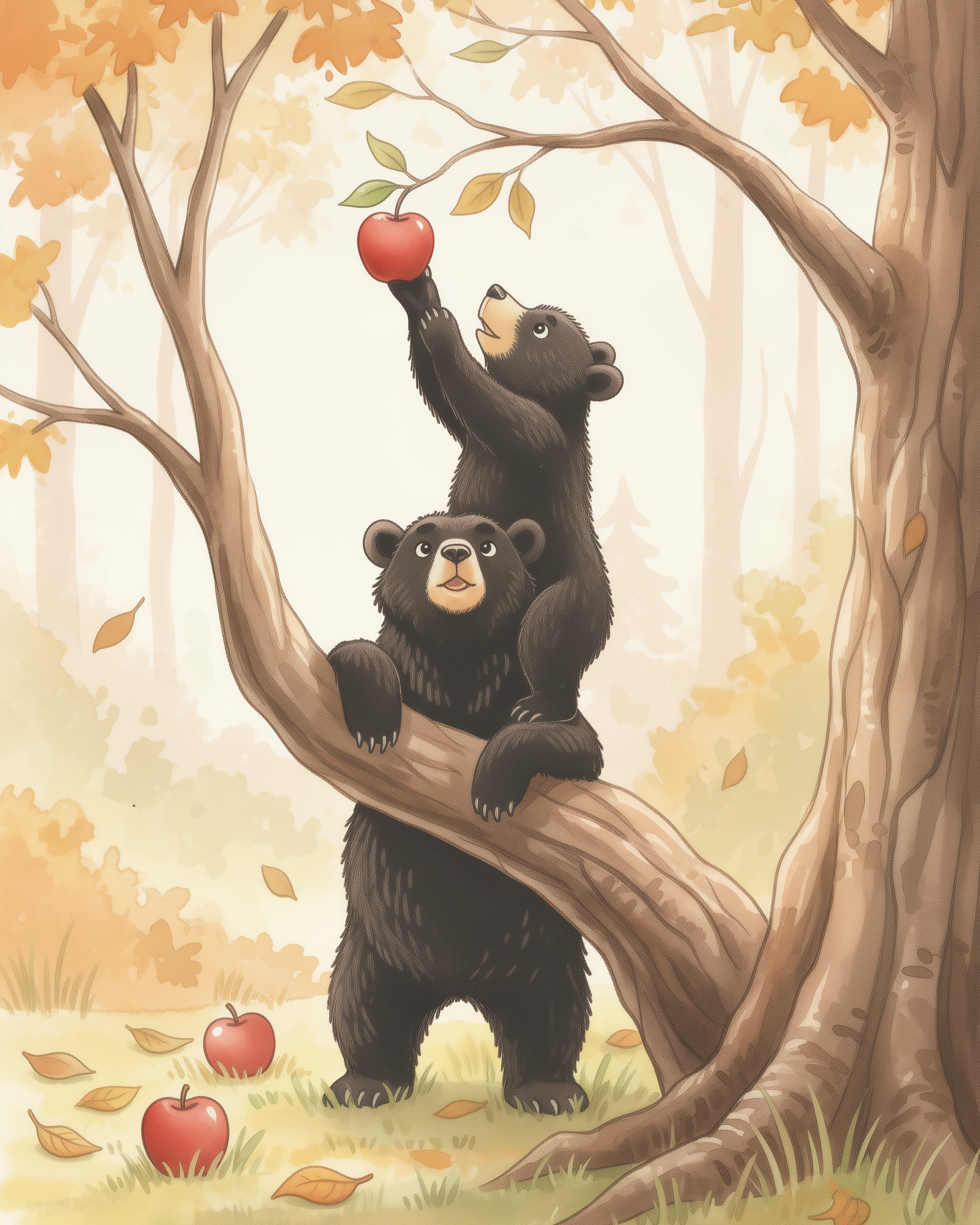 A playful illustration of two black bear cubs in an autumn forest. One cub stands on a tree branch, reaching for a red apple hanging above, while the other cub supports it from below. Fallen apples and leaves are scattered on the grassy ground, surrounded by trees with orange foliage.