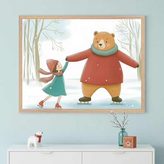 Kid's room with a light blue wall and white dresser. A framed illustration of a girl and bear ice skating in a snowy forest hangs above the dresser. A small polar bear figurine and blue scarf are on the dresser.