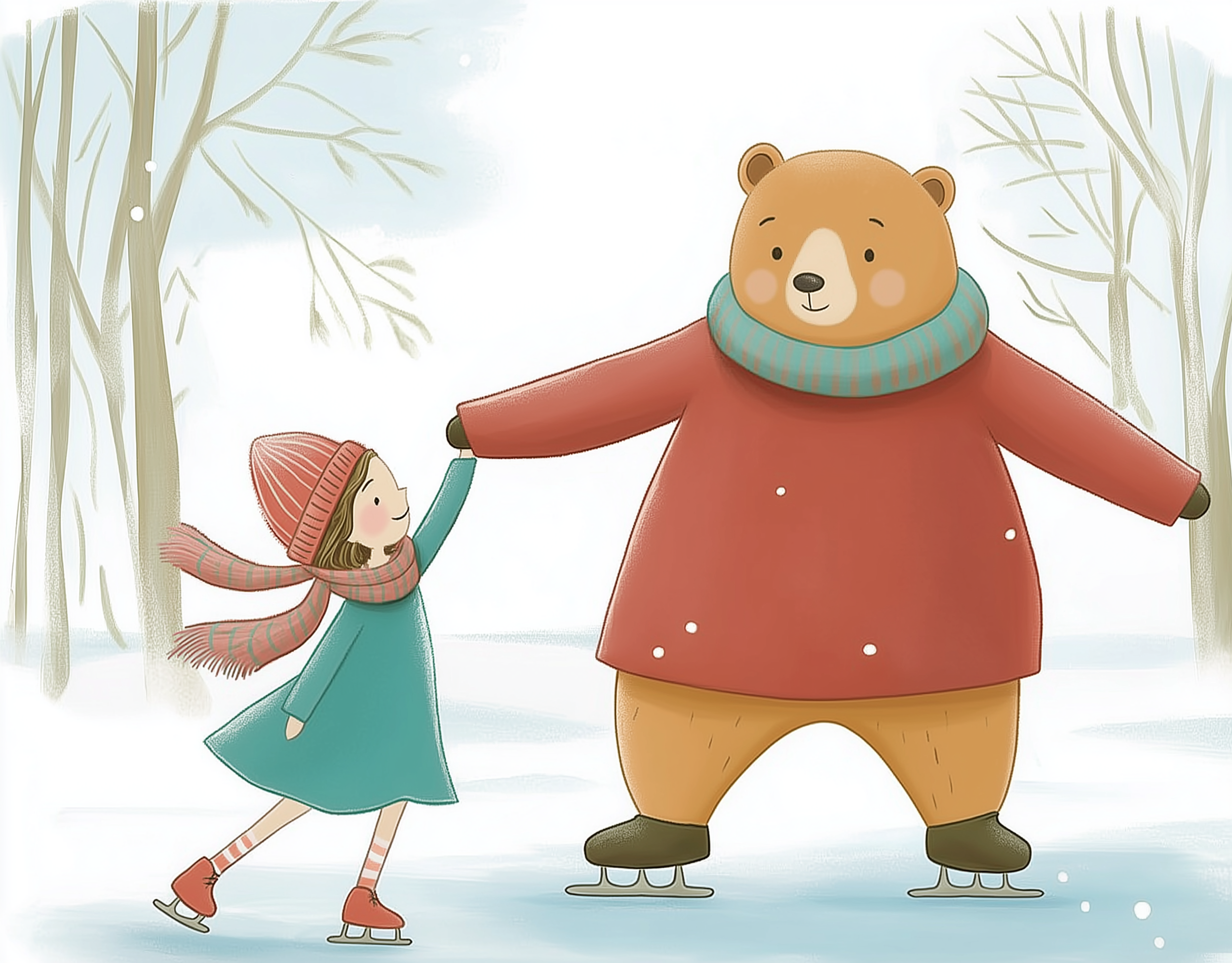 A charming illustration of a young girl and a bear ice skating together on a frozen pond. The girl, wearing a teal dress, red hat, and scarf, holds the bear's paw. The bear is dressed in a cozy red sweater and teal scarf. Bare trees and light snowfall create a serene winter setting.