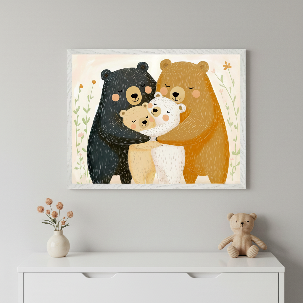 Modern nursery with a white dresser. A framed illustration of four hugging bears (black, brown, light brown, white) with flowers hangs centered above it. A small bear figurine and a black vase with a flower are on the dresser.