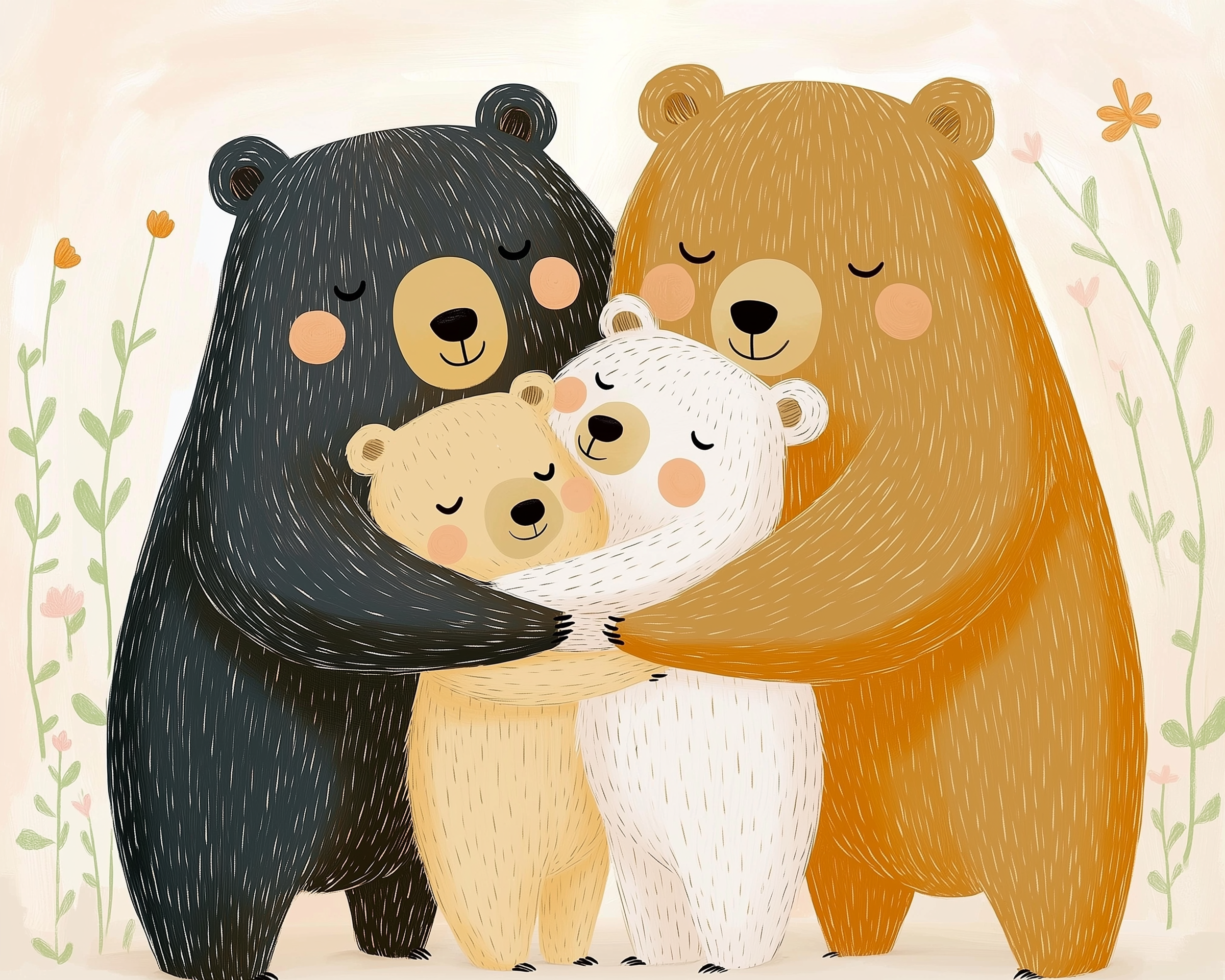 A charming illustration of a family of four bears embracing each other. The bears are colored black, brown, white, and light beige, each with closed eyes and content expressions. They are surrounded by delicate flowers on a soft pastel background, creating a warm and loving scene.