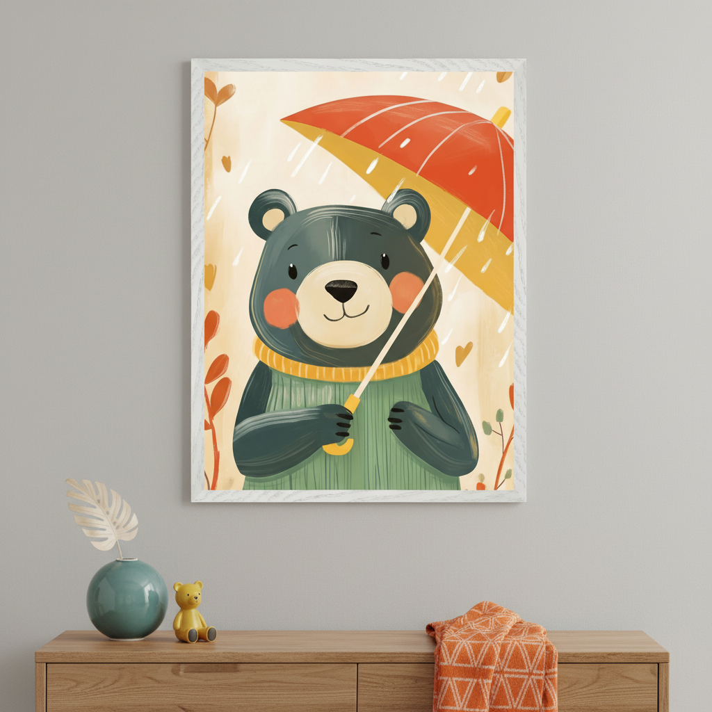 Three llamas stand in a lush green meadow dotted with flowers, with rolling hills and a glowing sunset in the background. The cheerful artwork rests on a wooden shelf alongside a potted plant and a plush teddy bear, adding a warm and whimsical touch to the space.