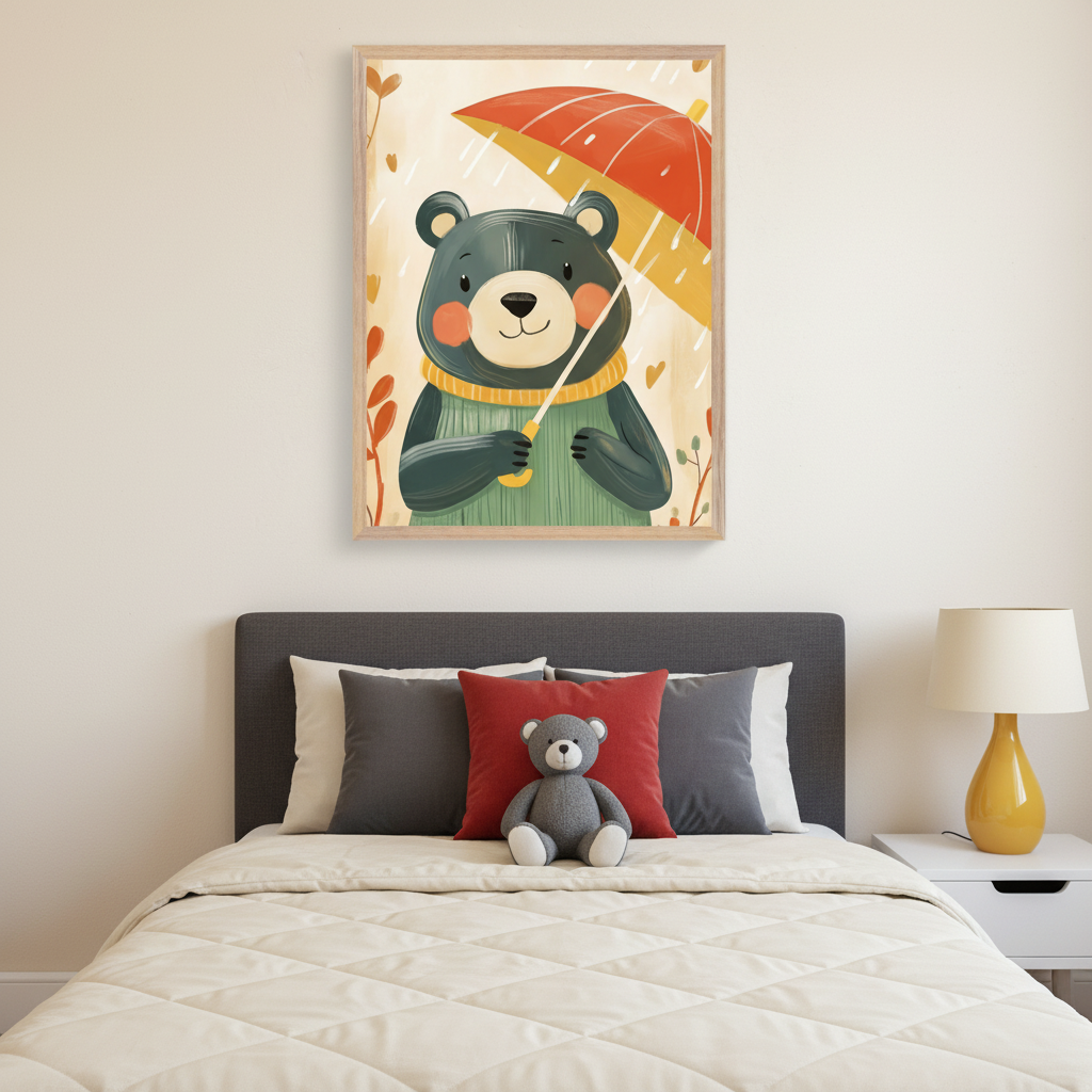 Kid's bedroom with a bed, gray headboard, cream duvet, and gray teddy bear. Centered above the bed is a framed illustration of a cartoon bear holding a red umbrella in the rain, with autumn leaves in the background. A white nightstand with a yellow lamp is to the right.
