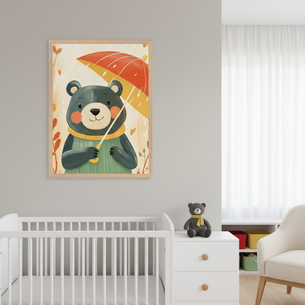 Modern nursery with a white crib, dresser, and armchair. Above the crib, a framed whimsical illustration shows a dark bear in a green sweater holding a red and yellow umbrella in the rain. A teddy bear sits on the dresser.