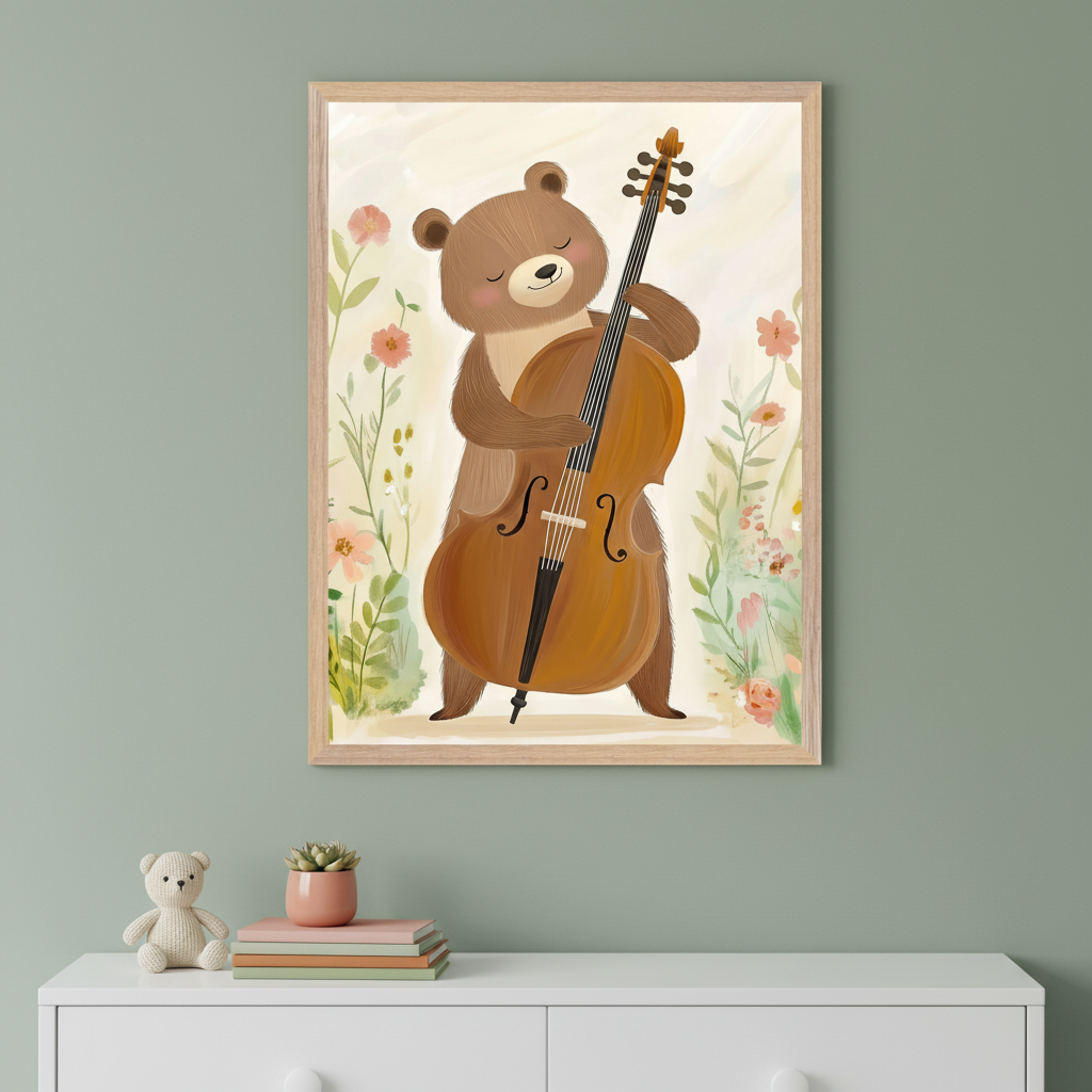 An illustration of a smiling cartoon bear gently playing a large cello surrounded by soft pastel flowers, set against a light background. The artwork hangs above a white dresser with a teddy bear, stacked books, and a small potted plant.