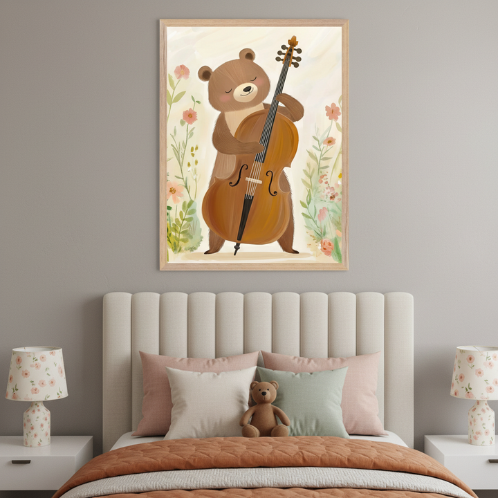 Whimsical artwork showing a happy bear playing a cello amid hand-painted flowers, displayed above a tufted bed with peach and cream bedding. The room features floral lamps and a plush bear that complements the framed art.