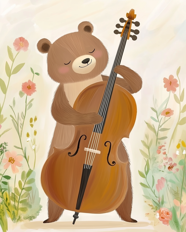 A cartoon bear with closed eyes and a content smile plays a large brown cello amidst a backdrop of delicate, pastel-colored flowers.